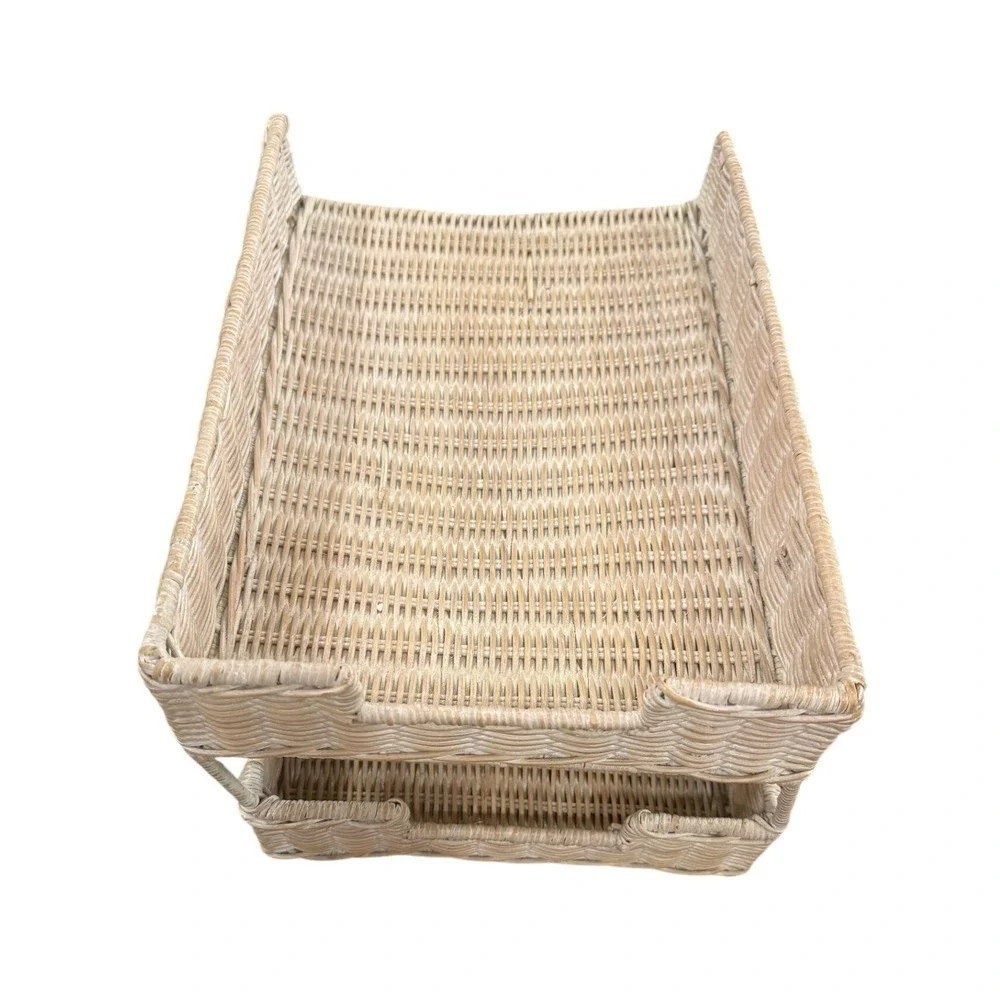 Wicker 2 Tier Letter Tray Desk Paper Organizer Whitewash Coastal Cottage Decor